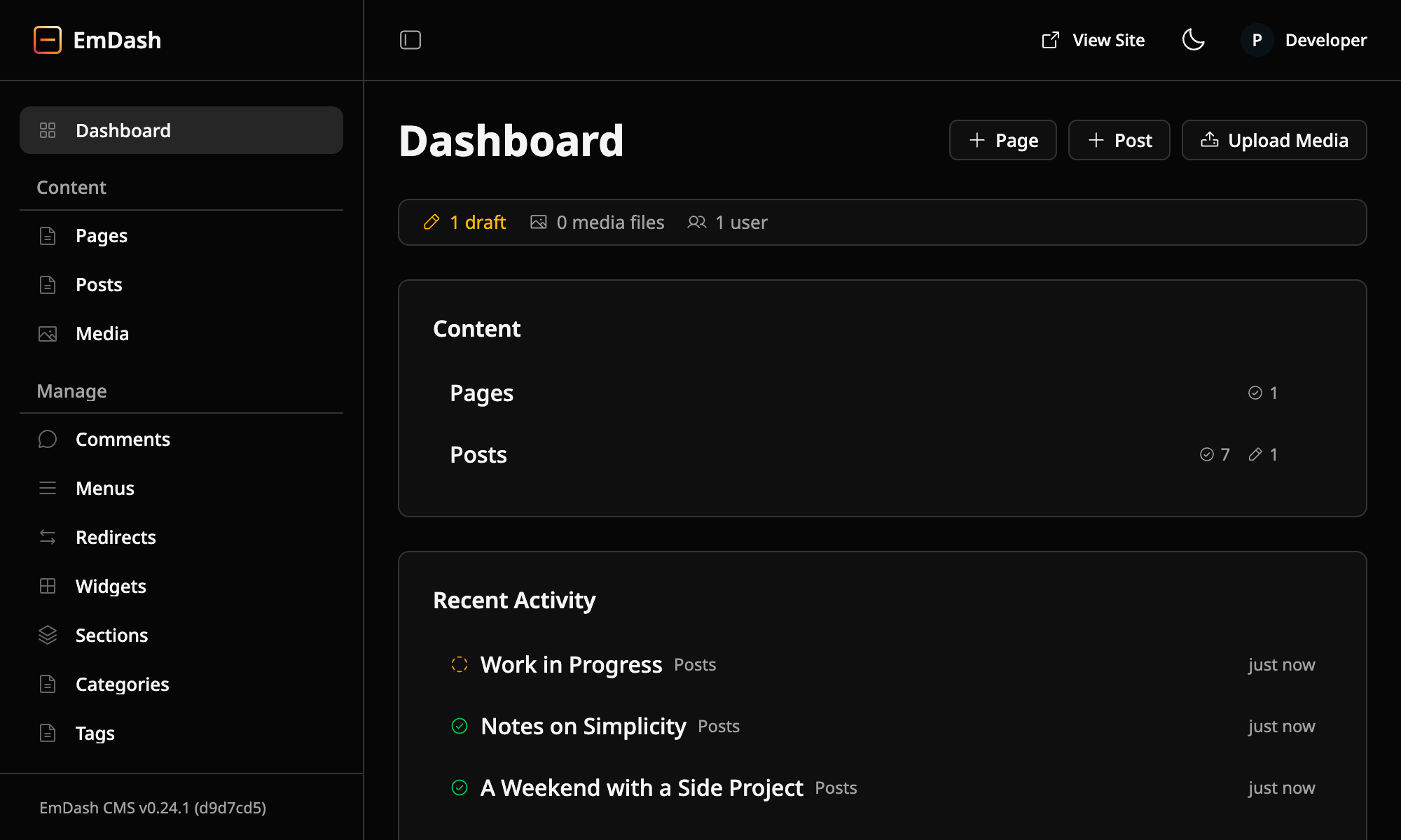 EmDash CMS dashboard