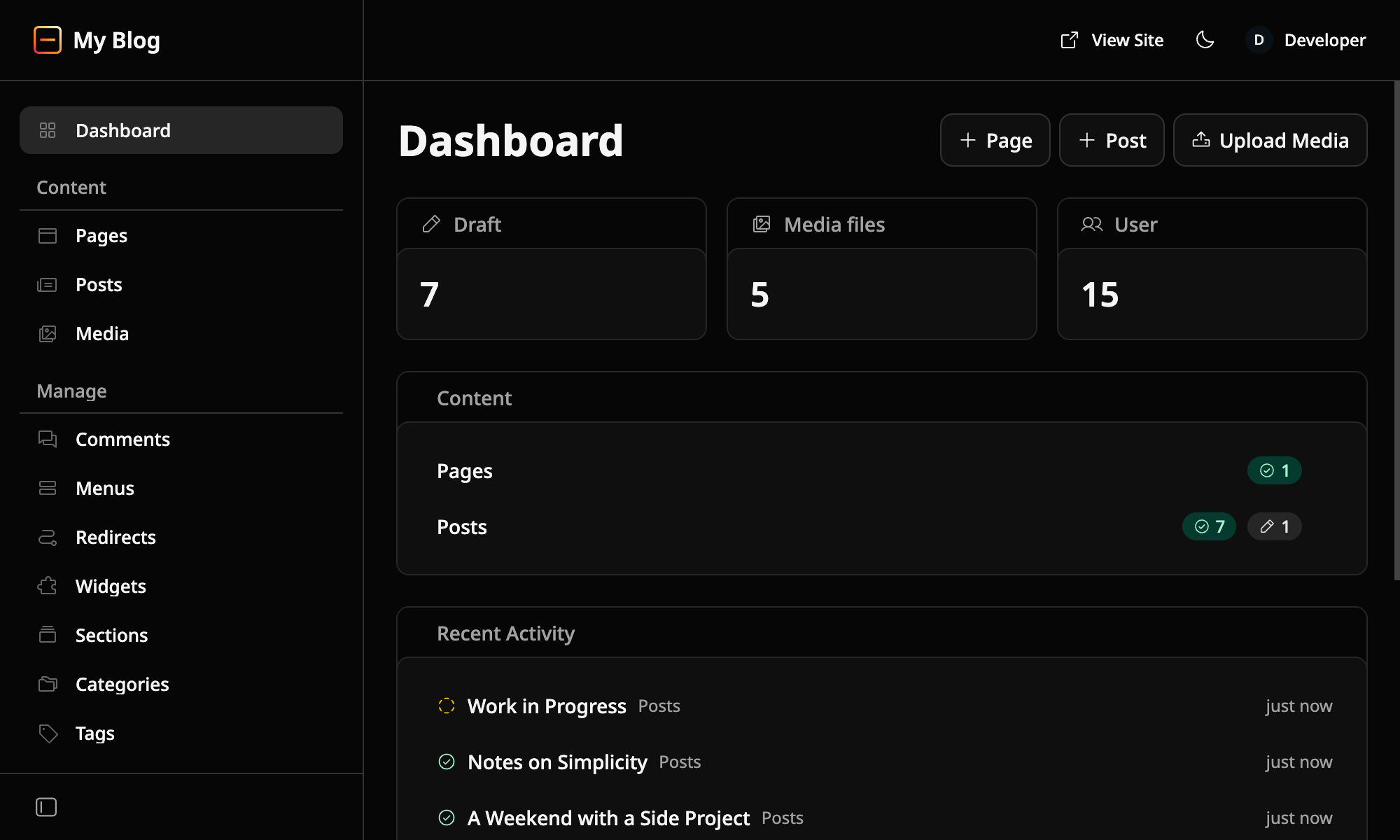 EmDash CMS dashboard